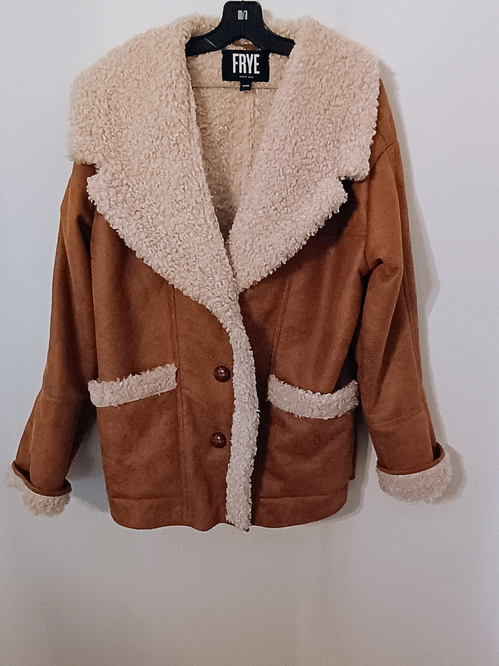 FRYE Tan Faux Suede Teddy Shearling Jacket with Cream Trim Size XL